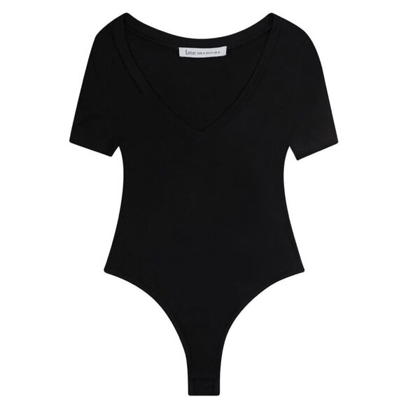 Deep V-Neck Black Short Sleeve Bodysuit - Picture 2 of 6